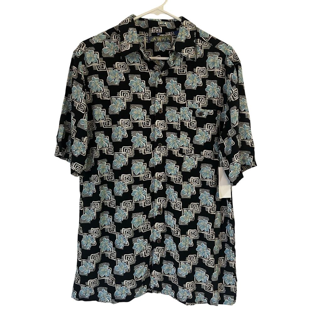 Campia Men's Black Floral Hawaiian Button Front Camp Shirt M Medium New